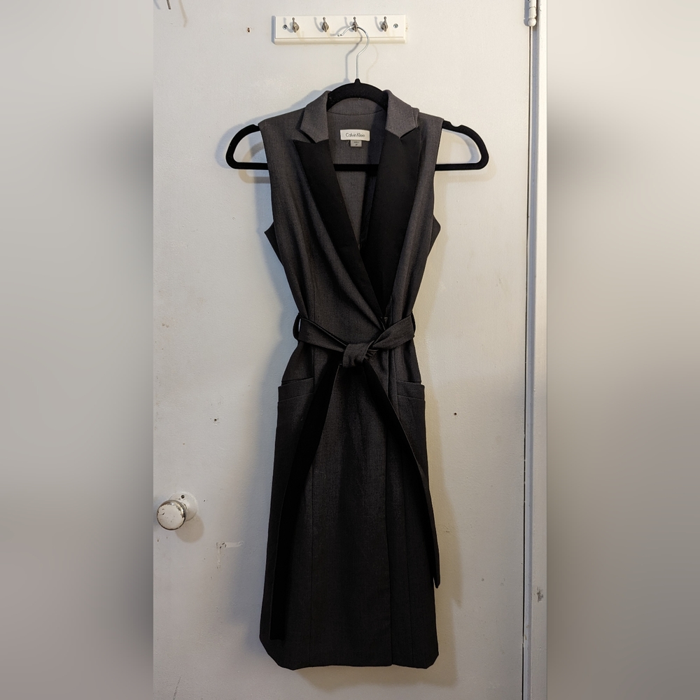 Calvin Klein | Sleeveless Belted Midi Dress | 0 grey and black